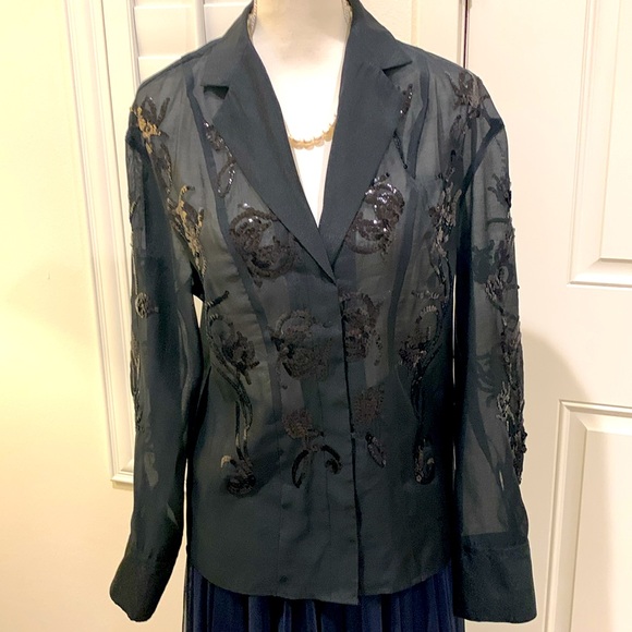 H&M Edition black sequined organza button down shirt in black Small - Picture 2 of 10